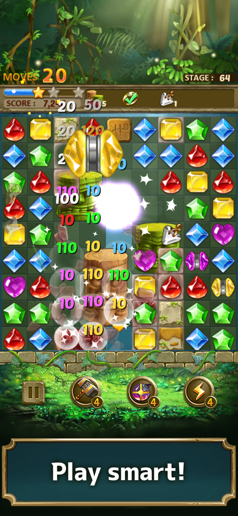 Gameplay screen of Jewels Jungle Match 3 Puzzle featuring colorful gems and jungle theme