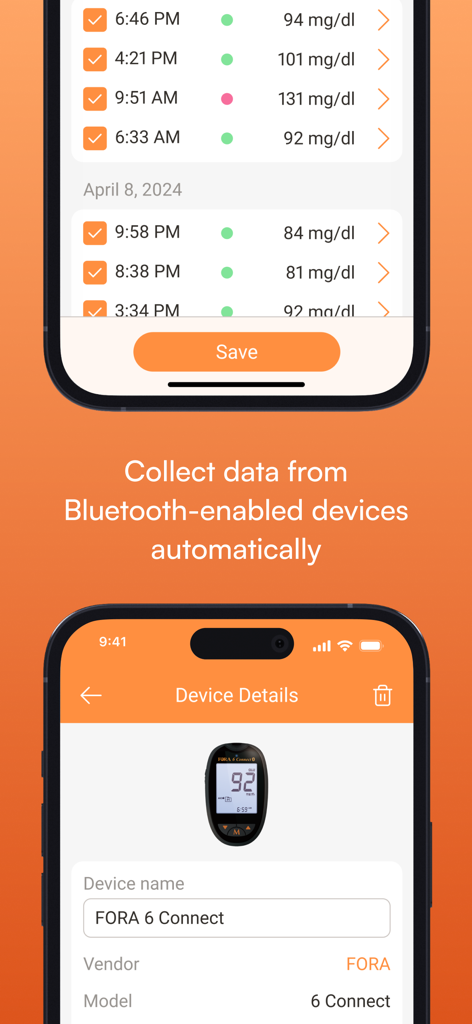 MedM Blood Sugar Diary app interface demonstrating automated data collection from a Bluetooth connected glucose meter