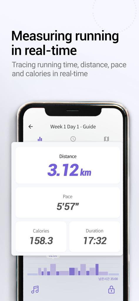 Smartphone screen showing RunDay app real-time tracking for distance pace calories and duration