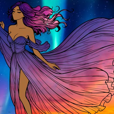 realistic woman in dress flowing the the wind