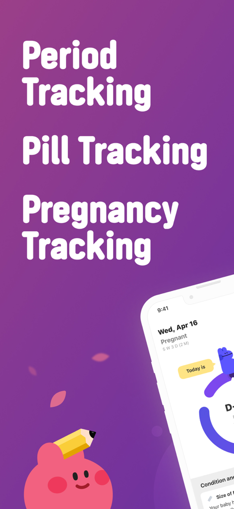 Bom Calendar app screenshot showing period pill and pregnancy tracking features