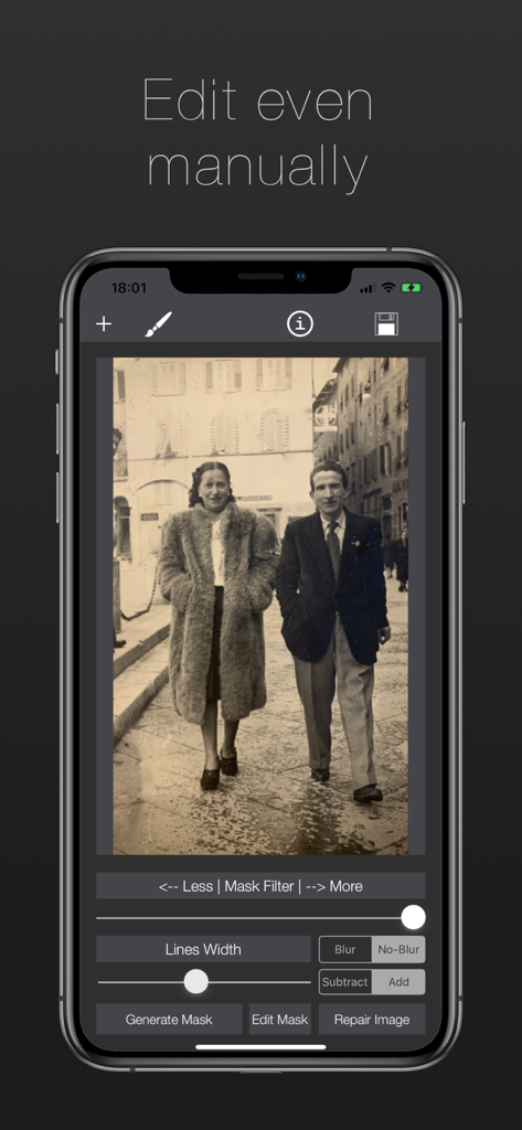 Damaged Photo Restore & Repair - Manual editing interface of a photo restoration app showing tools to repair an old sepia picture of a couple.