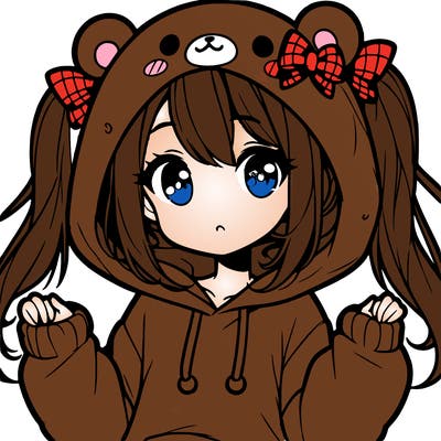 cute anime girl with ponytails and a cute bear hoodie