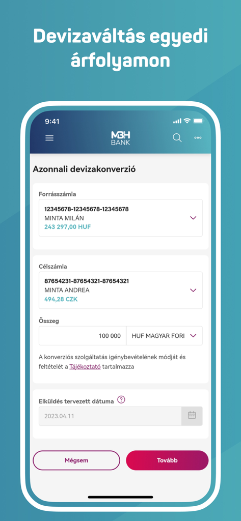 La interfaz de MBH Vallalati App que muestra un formulario de transacción de conversión de divisas.