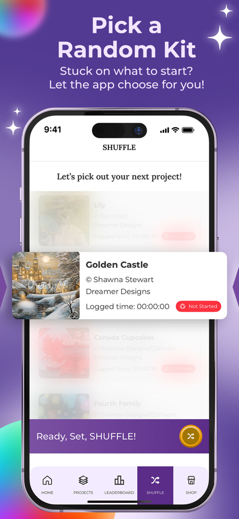 Dreamer Diaries - Dreamer Diariesアプリの機能。ストックからランダムなダイヤモンドペインティングキットを選択します。