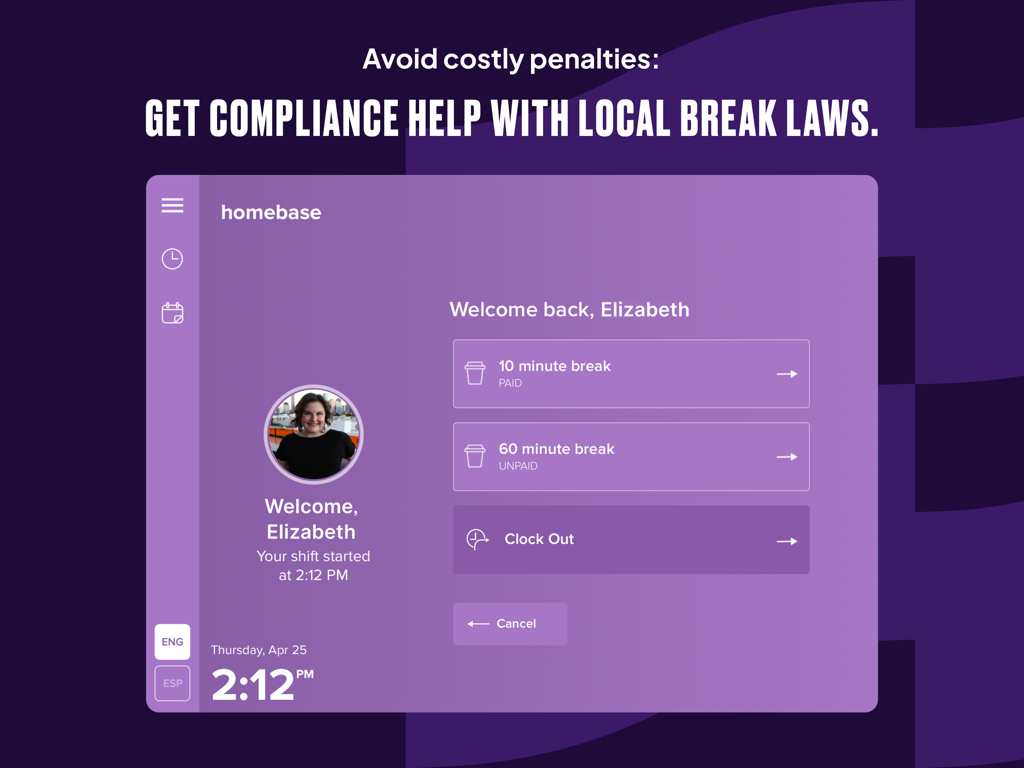Time Clock by Homebase - Homebase app screen on iPad showing employee break options for labor law compliance.