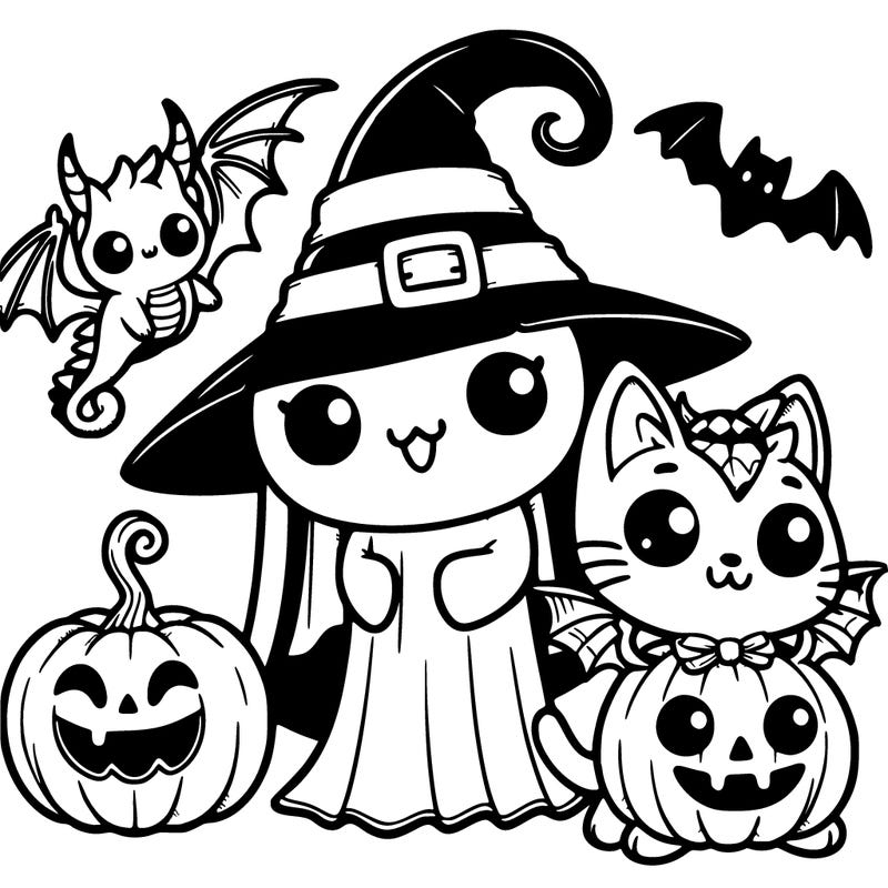 cute ghost in a cute witch costume with a bat dressed up as a aqua dragon and a cat dressed as a jack-o-lantern