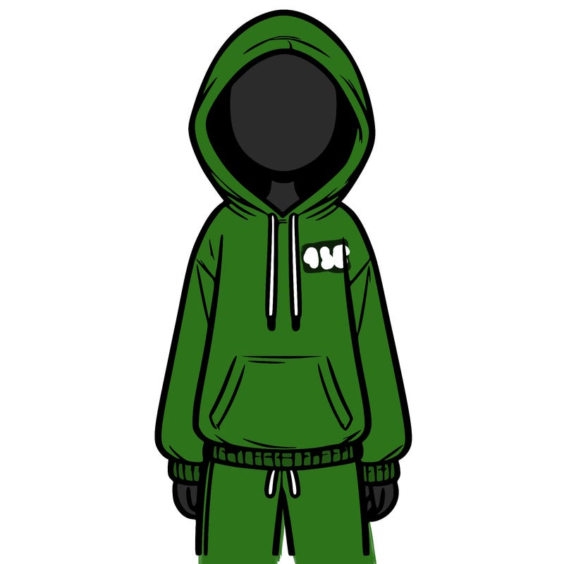 faceless girl in a tracksuit with a hood on and no hair