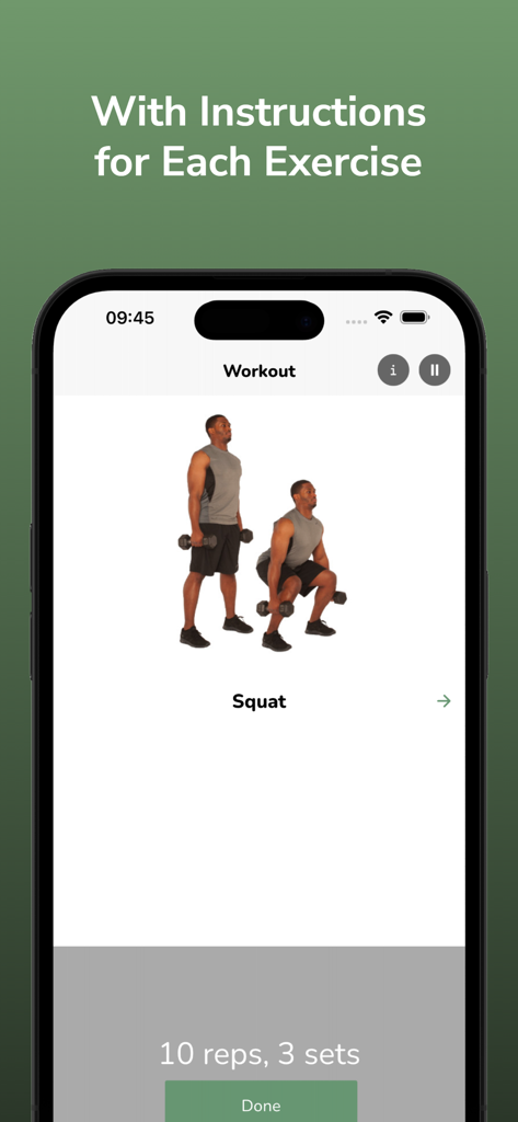 Dumbbell Workout Plan - Interfaz de aplicación móvil que muestra instrucciones de ejercicios de sentadilla con mancuernas, incluyendo series y repeticiones.