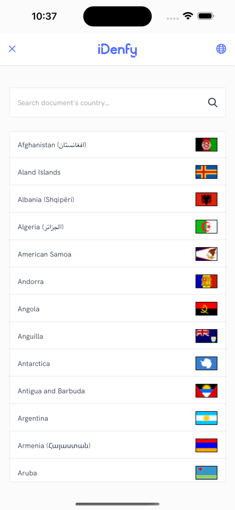 iDenfy identity verification app screen showing a list of countries for document selection