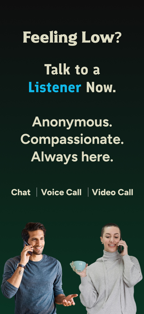 Flute - Love & Life Companion - Due giovani adulti al telefono con testo che offre supporto emotivo anonimo e compassionevole tramite l'app Flute