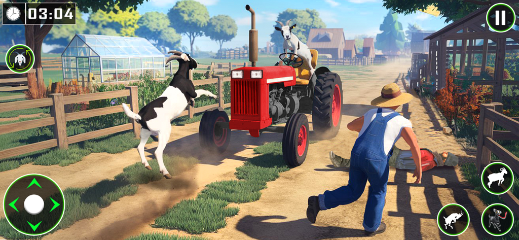 Angry Goat Simulator Game 3D - A goat jumps in front of a red tractor while a farmer runs away in a chaotic farm scene from Angry Goat Simulator Game 3D