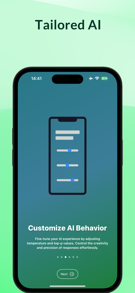 A screen interface for customizing AI behavior by adjusting temperature and top-p values to control creativity and precision.
