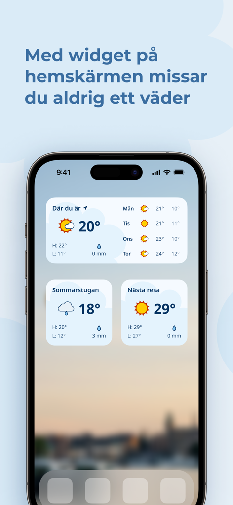 Klart - Väder - iPhone home screen with Klart weather widgets showing forecasts for different locations