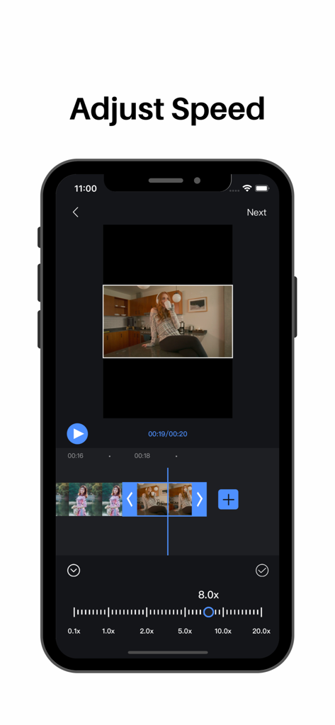 Video Editor - Video Maker，Cut - Interfaz de editor de video móvil que muestra la herramienta de ajuste de velocidad con un control deslizante y una línea de tiempo