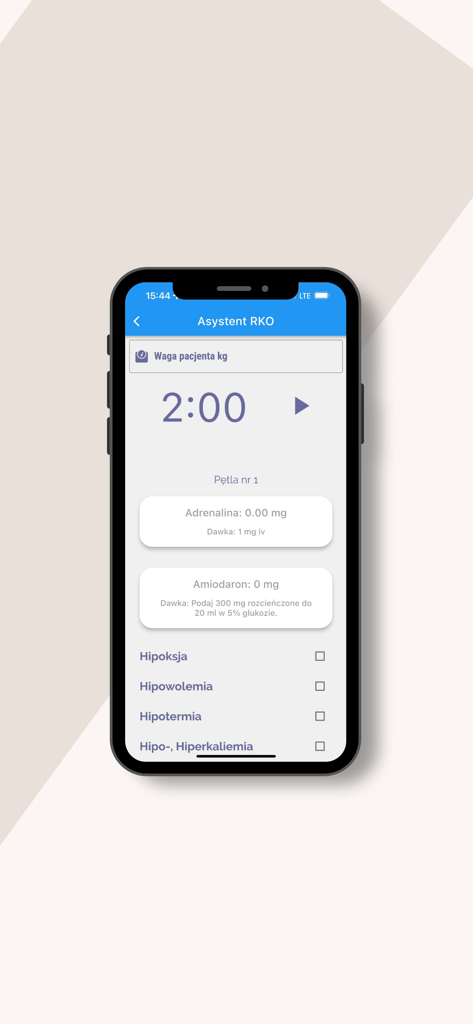 Interface of a medical app showing a CPR assistant timer and medication dosage protocols in Polish