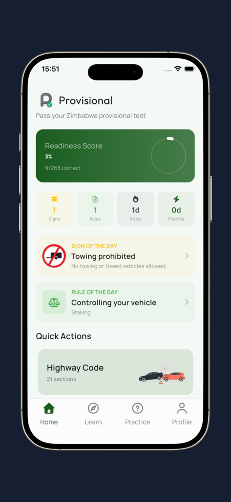 The home screen of the Provisional app showing a readiness score for the Zimbabwe VID test and study categories like highway code and road signs.