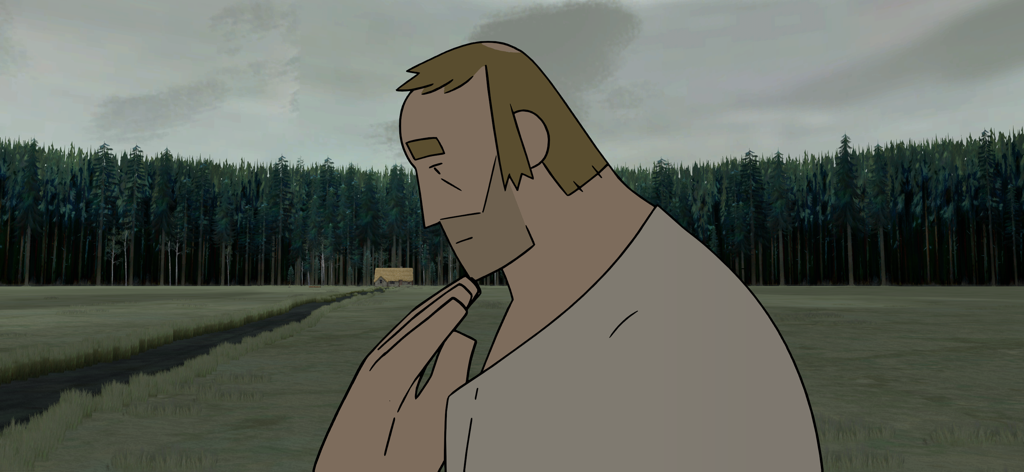 Pine: A Story of Loss - 草むらに立つ物思いにふける木工職人の手描きのイラスト