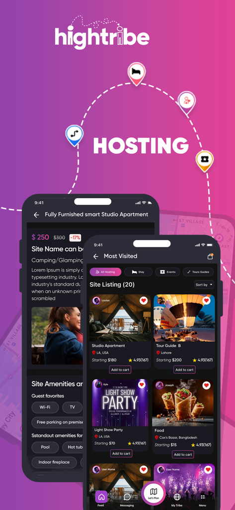 Hightribe: Social Travel App - Interfaz de la aplicación móvil mostrando diversas ofertas de alojamiento como apartamentos estudio, tours y experiencias gastronómicas.