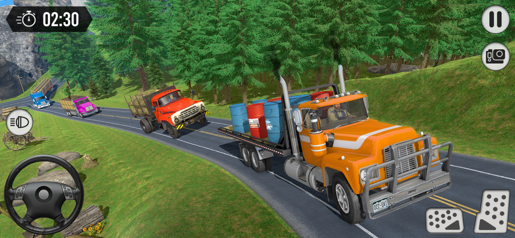 Truck Driver: Road Legends - Un camión naranja transportando barriles por una carretera forestal sinuosa en Truck Driver Road Legends