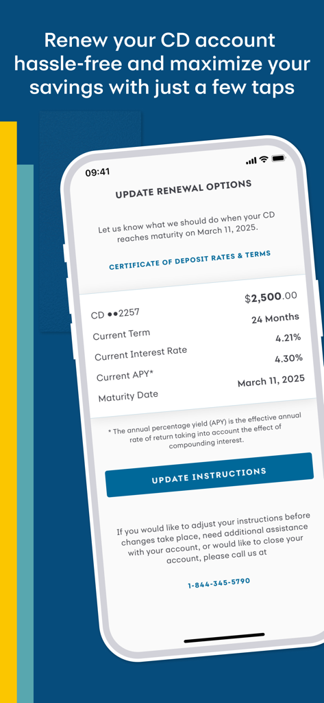 Synchrony Bank - Synchrony Bank App Bildschirm, der Optionen zur Verlängerung von Einlagenzertifikaten und Zinssätze anzeigt.