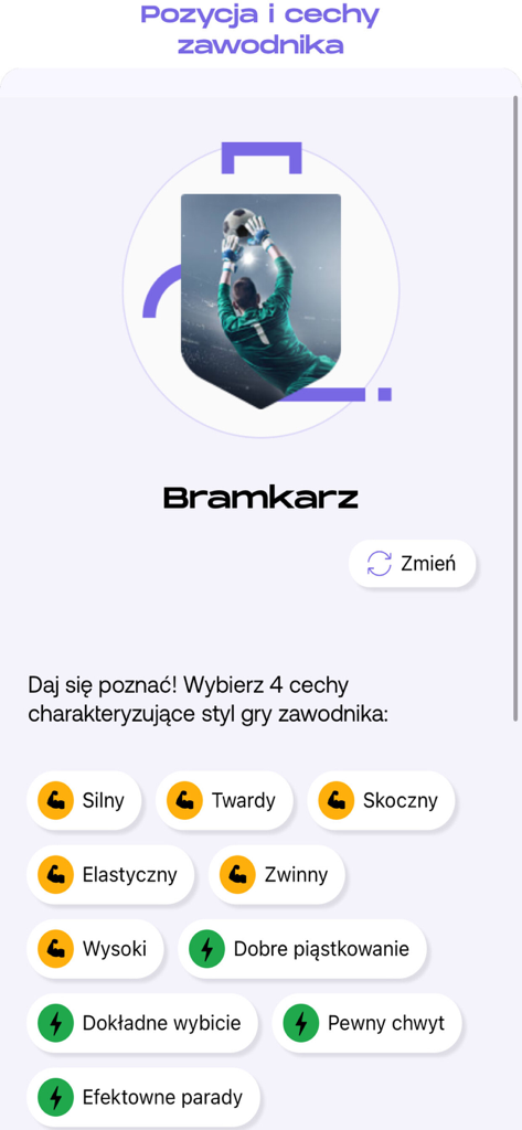 FC.APP-Oberfläche zur Auswahl der Fußballspielerposition und der Merkmale für ein Torwartprofil