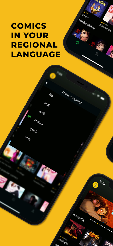 Pratilipi Comics - Una captura de pantalla de la aplicación Pratilipi Comics que muestra un menú de selección de idiomas para varios idiomas regionales indios como hindi, tamil y bengalí