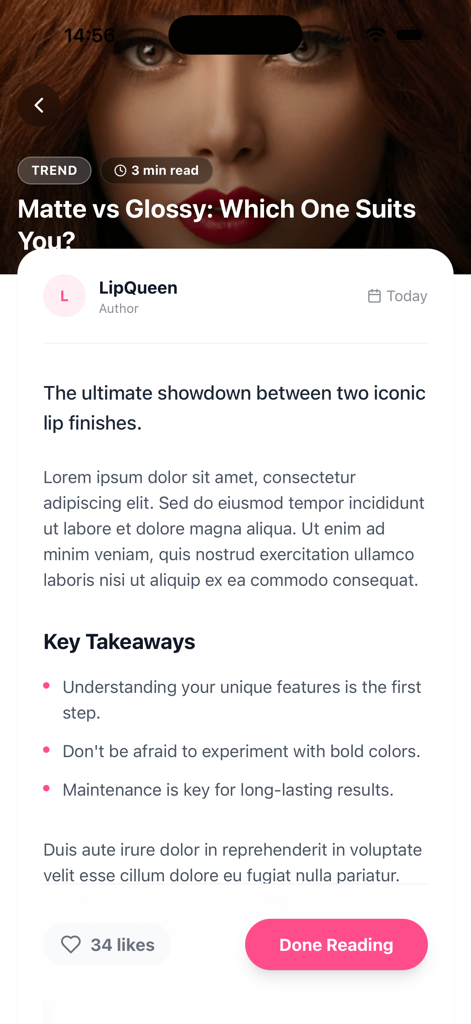 Hanabi~ - Hanabi app screen showing a beauty blog post titled Matte vs Glossy Which One Suits You
