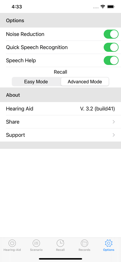 Hearing Aid - Sound Amplifier - The options menu of the Hearing Aid Sound Amplifier app showing noise reduction and speech recognition settings.