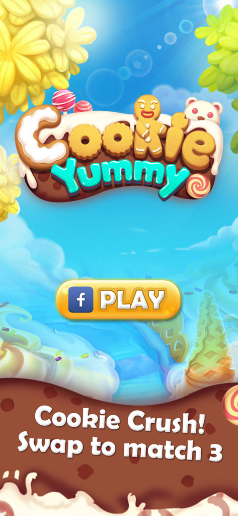 Cookie Crush Yummy Blast - カラフルなクッキーやキャンディが表示された、パズルゲーム「クッキークラッシュ・ヤミーブラスト」のスプラッシュ画面