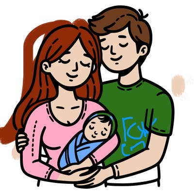 mother holding newborn with man having  arm over mother