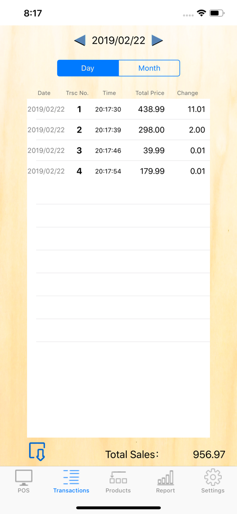 Transaction history screen in POS S Pro showing a list of daily sales and total revenue