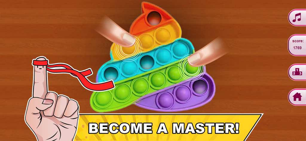Rainbow poop shaped pop it toy being pressed in the Pop it Master app