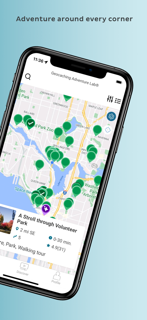 Adventure Lab® - Tela de mapa do aplicativo Geocaching Adventure Lab mostrando vários locais de caça ao tesouro em uma cidade