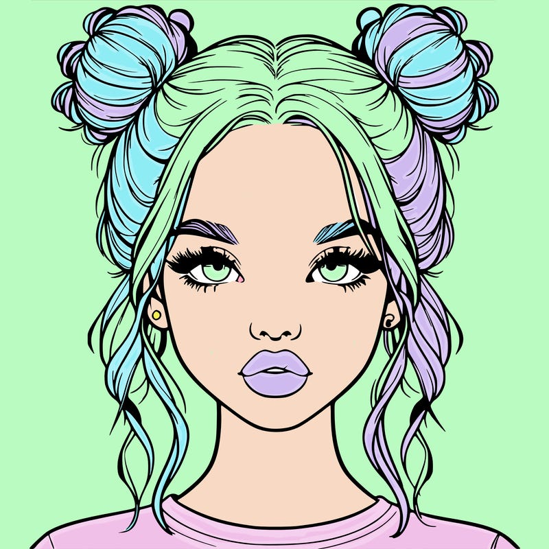 realistic girl with two buns in hair and lips