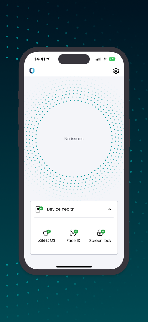 Executive Threat Protection app dashboard showing device health status with no issues found.