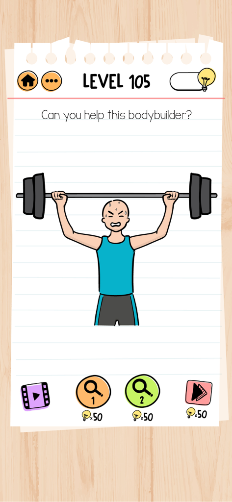 Screenshot of Brain Test 2 Level 105 showing a struggling bodybuilder with a barbell