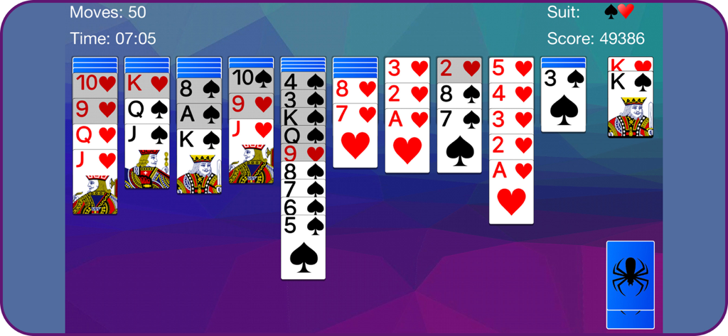 Spider Solitaire mobile game screen showing a two-suit card arrangement on a purple geometric background