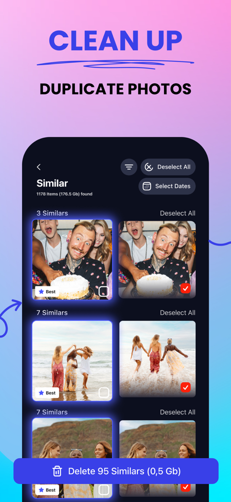 iPhone app interface for cleaning up duplicate and similar photos to free up storage space