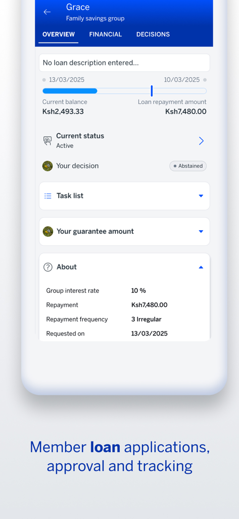 Mobile app interface for tracking member loan applications and repayment status within a family savings group.