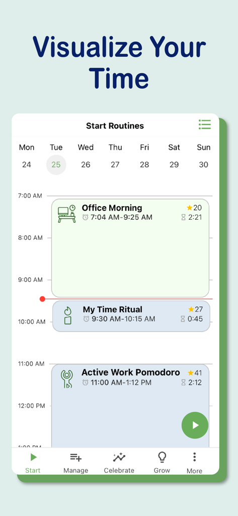A visual daily routine schedule in the Brili Routines app showing time blocks for Office Morning and My Time Ritual.