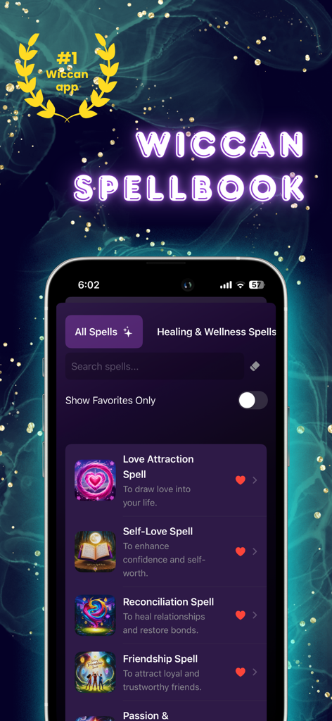 Witchcraft: Wicca Witch Spells - A mobile app interface titled Wiccan Spellbook showing a list of spells including Love Attraction and Self-Love spells.