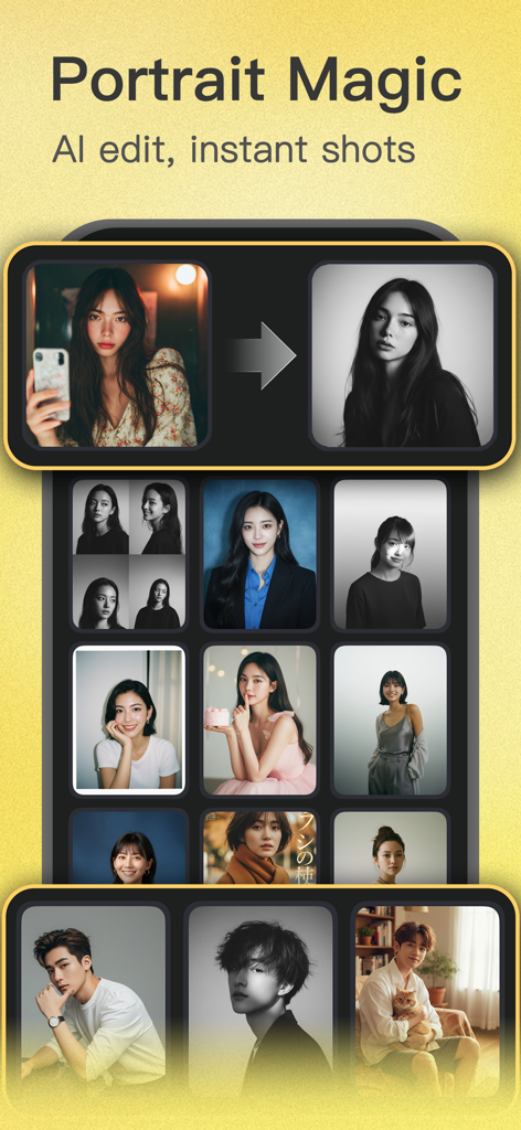 Phototells: AI ID & Headshot - Interfaz de la aplicación Phototells que muestra transformaciones de retratos IA y una galería de ejemplos de retratos profesionales