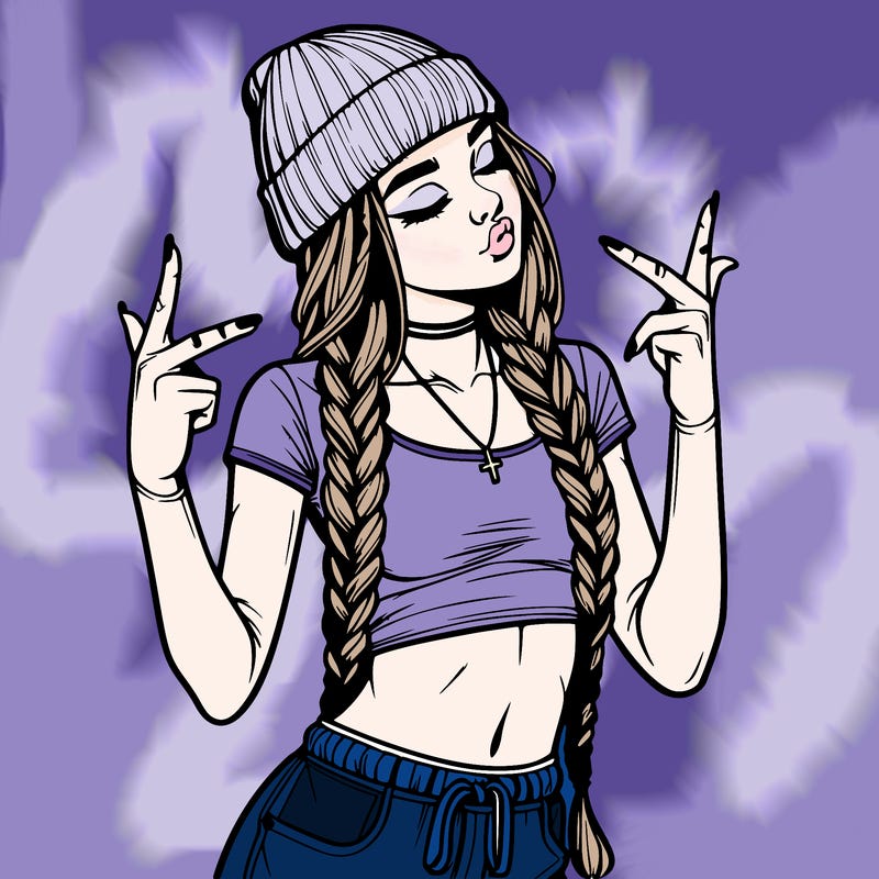 realistic teenage girl with braids and a beanie and crop top doing 🫶🏼