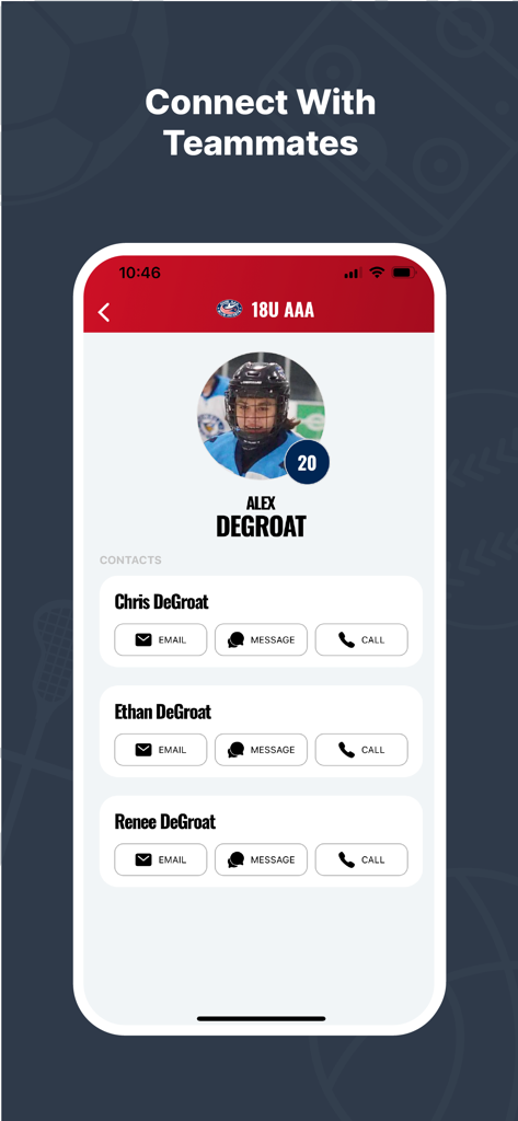 Teammate profile in the Crossbar Mobile app showing options to contact parents via email message or call