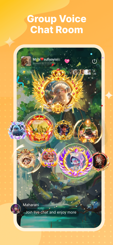 Ayome mobile app interface showing a group voice chat room with various stylized avatars in decorative frames