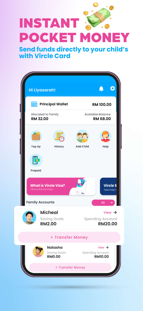 Vircle mobile app interface showing a parent's dashboard for managing children's pocket money and digital wallets.