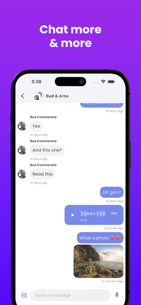 Sngine Messaging - Sngine Messaging app chat interface displaying text bubbles voice notes and a shared photo of a waterfall