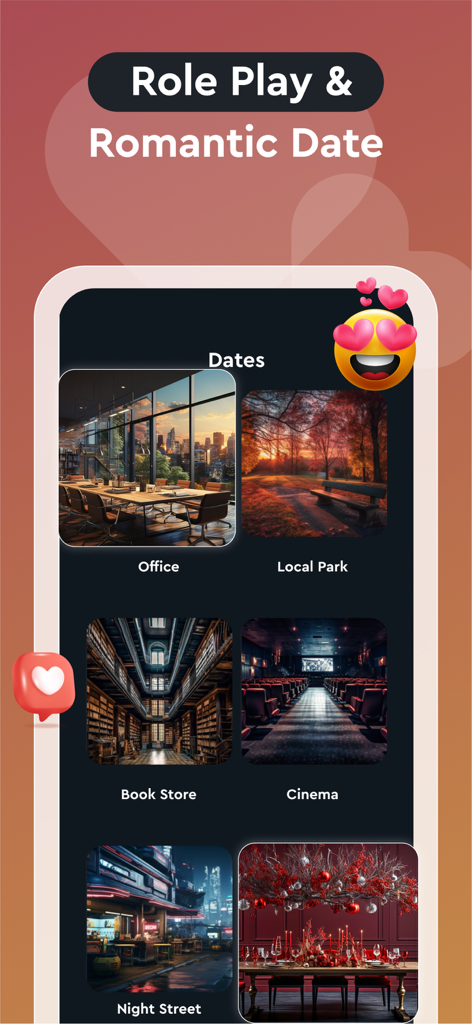 Interface of the Waifu Chat app showing various romantic date locations for roleplaying with an AI girlfriend.