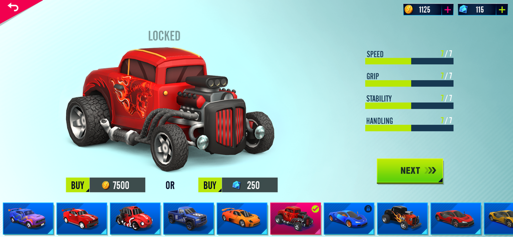 Race Master 3D - Car Stunts - Car selection menu in Race Master 3D showing a locked red hot rod with flame decals and performance statistics